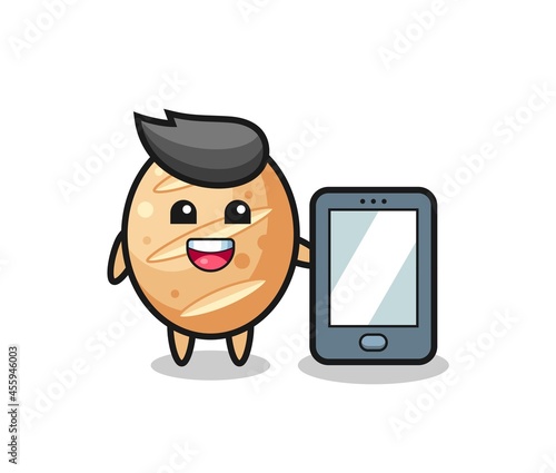 french bread illustration cartoon holding a smartphone