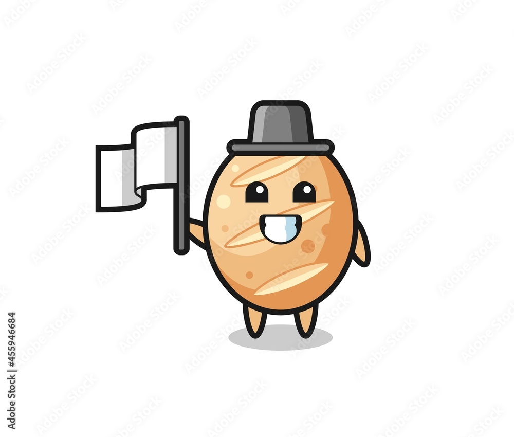 Cartoon character of french bread holding a flag Cartoon character of french bread holding a flag