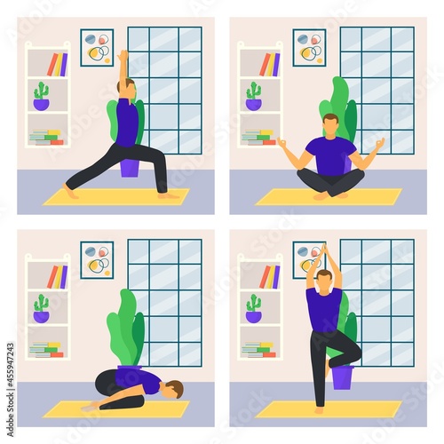 Homemade yoga physical activity, male character workout poster card set, asian practice flat vector illustration, isolated on white.