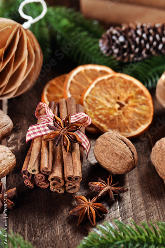 Cinnamon sticks and nuts for Christmas baking