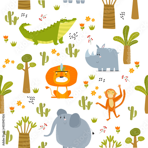 Tropical background with cartoon wild animals. Safari. Savannah. African animals. Lion, crocodile, monkey, elephant, rhino. Fabric for children.