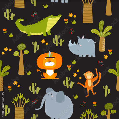 Photography Tropical background with cartoon wild animals