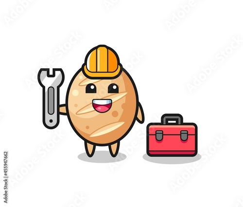 Mascot cartoon of french bread as a mechanic