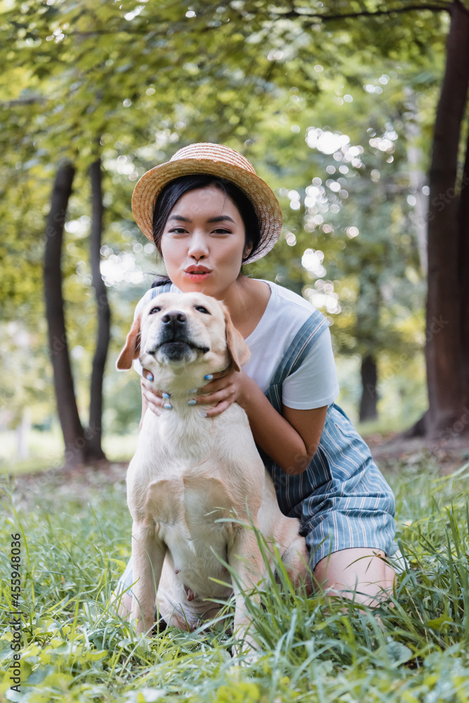 asian woman looking at camera while hugging labrador dog in park asian woman looking at camera while hugging labrador dog in park