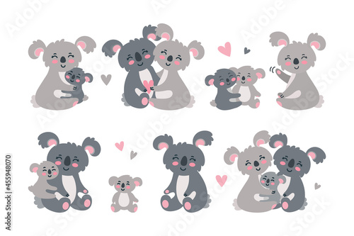 Koala family set. Hugging and loving koala parents with babies. Vector illustration isolated in white background