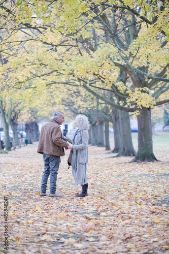 Affectionate senior couple holding hands, walking among trees and leaves in autumn park © KOTO