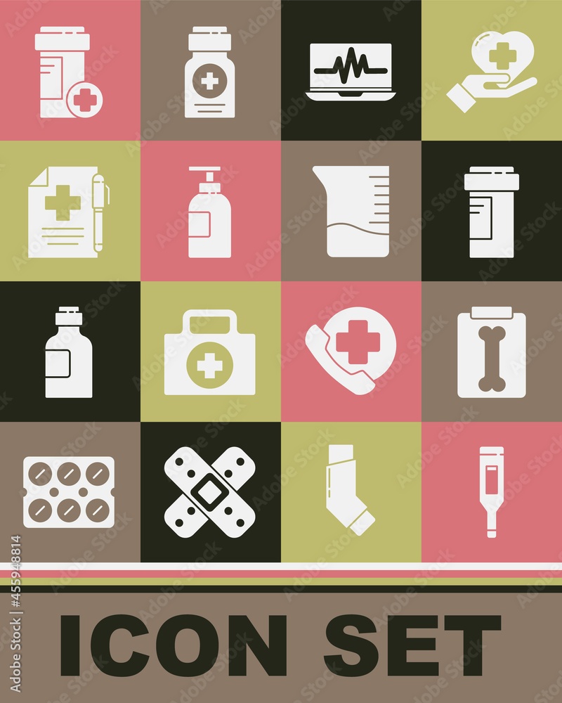 Set Medical digital thermometer, X-ray shots, Medicine bottle, Laptop with cardiogram, Hand sanitizer, prescription pen, and Measuring cup icon. Vector Set Medical digital thermometer, X-ray shots, Medicine bottle, Laptop with cardiogram, Hand sanitizer, prescription pen, and Measuring cup icon. Vector