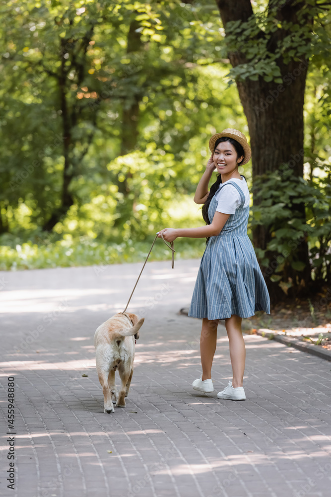 positive asian woman in striped sundress walking with dog in park and smiling at camera positive asian woman in striped sundress walking with dog in park and smiling at camera
