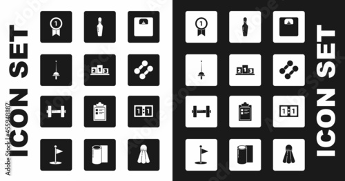 Set Bathroom scales, Award over sports winner podium, Fencing, Medal, Dumbbell, Bowling pin, Sport mechanical scoreboard and icon. Vector