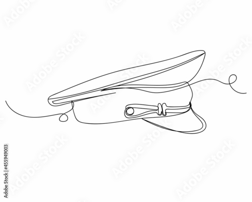 Continuous one line drawing of soldier army officer forage cap icon in silhouette on a white background. Linear stylized.