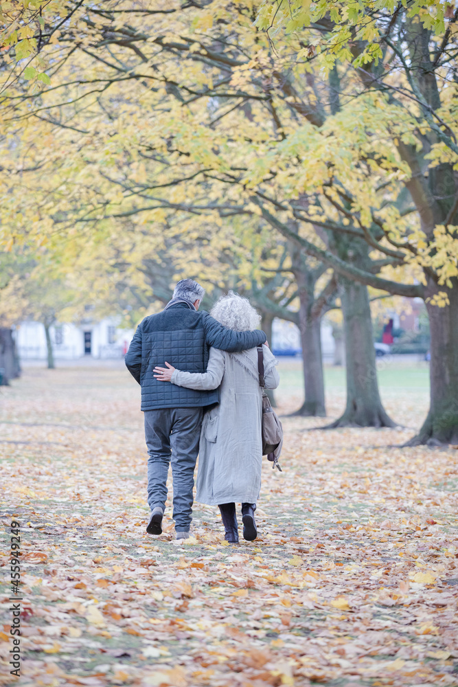 Affectionate couple hugging, walking among trees and leaves in autumn park Affectionate couple hugging, walking among trees and leaves in autumn park