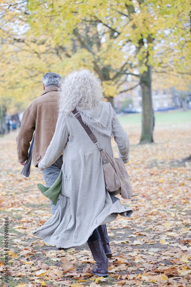 Affectionate couple walking among trees and leaves in autumn park Affectionate couple walking among trees and leaves in autumn park