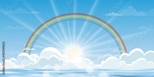Blue sky with Rainbow and Sun rays shining on the sea,Horizon natural of Blue ocean, mountain and fluffy cloud with bright light in morning, Vector Landscape banner for Spring, summer seasonal holiday