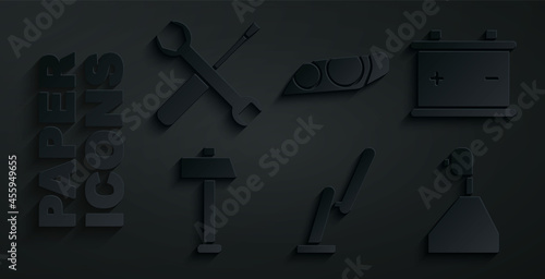 Set Windscreen wiper, Car battery, Hammer, Gear shifter, headlight and Screwdriver and wrench spanner icon. Vector