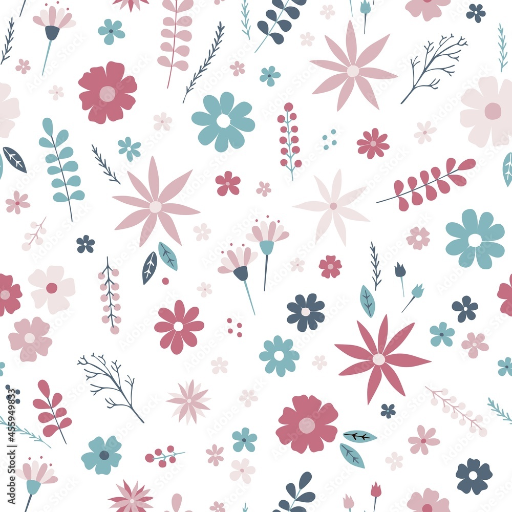 Cute seamless pattern with floral ornaments. Small flowers, leaves and berries on white background. Baby fabric. Vector design. Cute seamless pattern with floral ornaments. Small flowers, leaves and berries on white background. Baby fabric. Vector design.