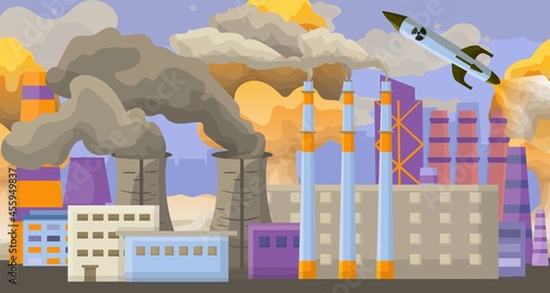 Modern technogenic accident nuclear pollution, environmental contamination smoke air flat vector illustration, anthropogenic factory.