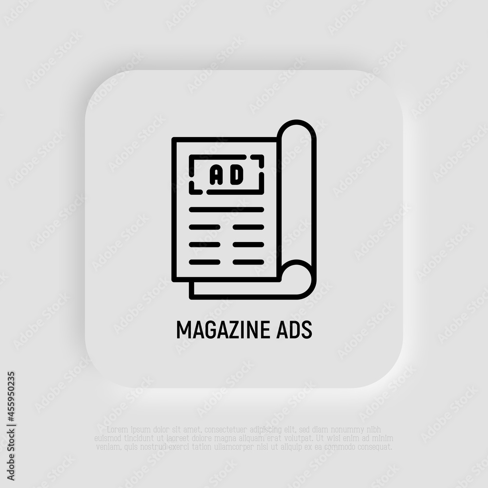 Magazine ad on front page thin line icon. Modern vector illustration. Magazine ad on front page thin line icon. Modern vector illustration.