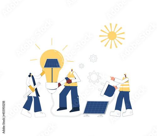 Solar panels installing. Field service technicians workers, architect,  mechanical engineer and project coordinator building moduls. Renewable alternative electricity. Green tech. Vector illustration