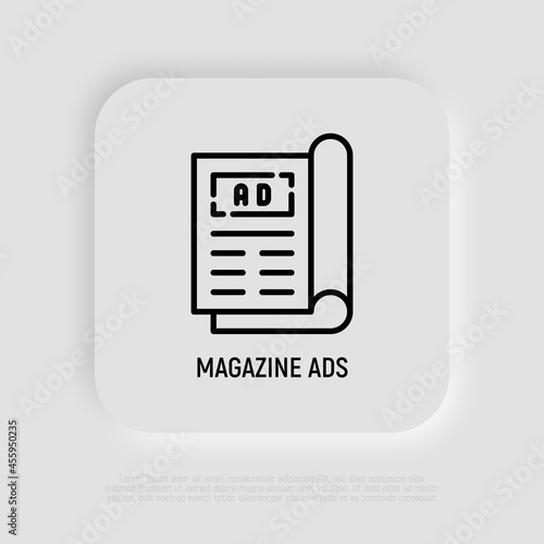Magazine ad on front page thin line icon. Modern vector illustration.