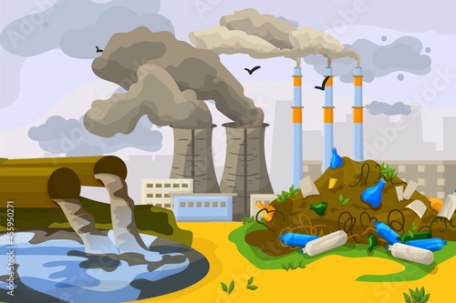 Technogenic catastrophe environmental contamination, waste disposal to dirty water lake flat vector illustration, banner nuclear garbage.