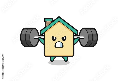 house mascot cartoon with a barbell