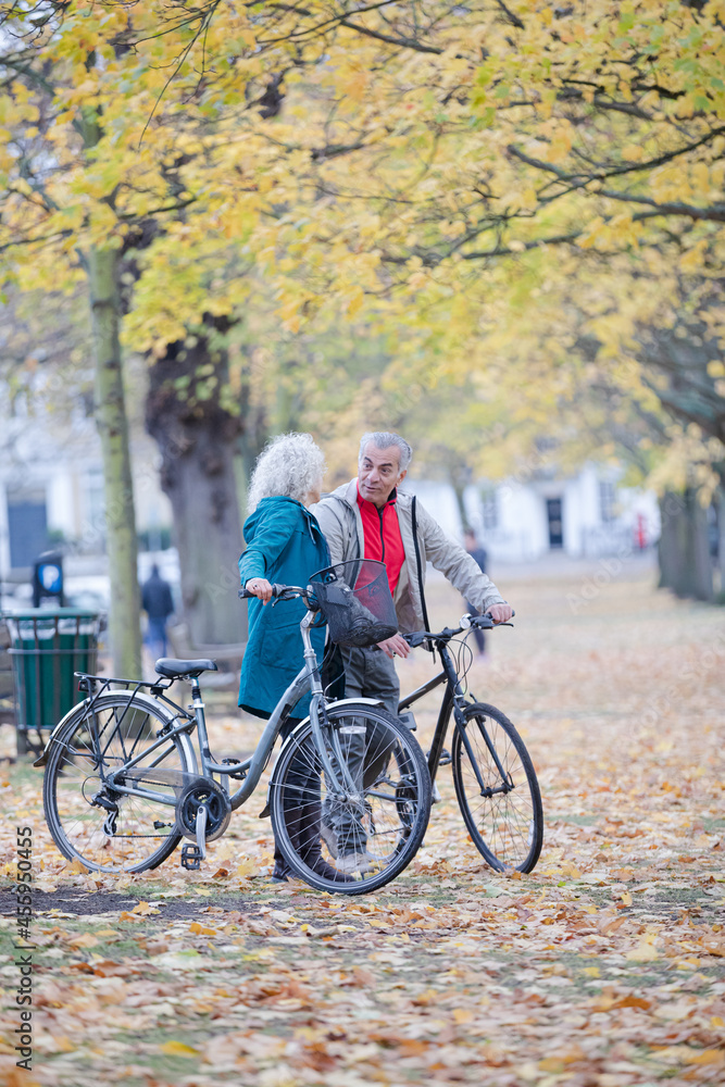 Senior couple walking bicycles among trees and leaves in autumn park