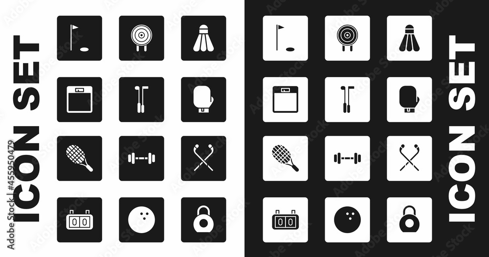 Φωτογραφία Set Badminton shuttlecock, Golf club, Bathroom scales, flag, Boxing glove, Target sport, Ice hockey sticks and Tennis racket icon