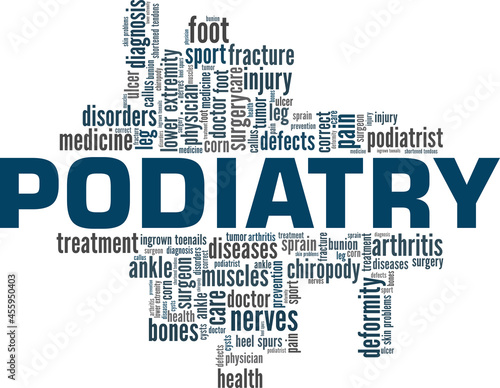 Podiatry - Podiatric Medicine vector illustration word cloud isolated on a white background.