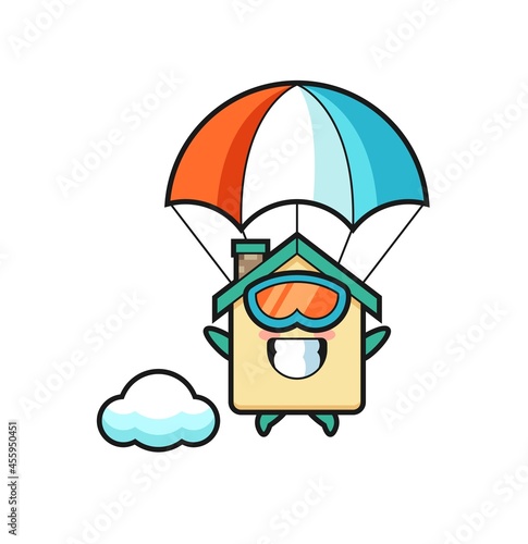 house mascot cartoon is skydiving with happy gesture