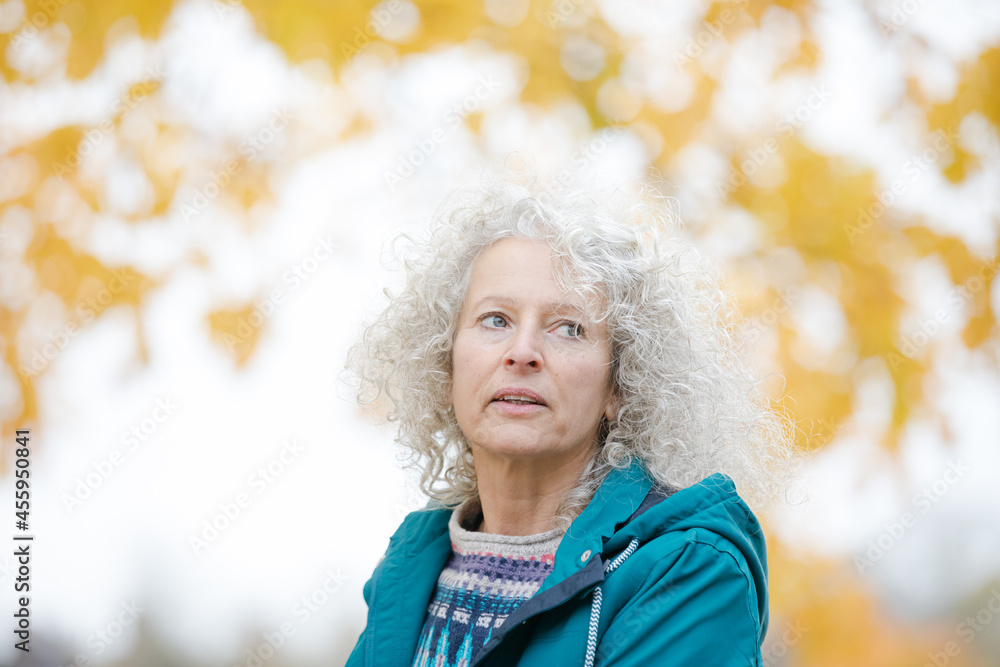 Portrait smiling woman among leaves and trees in autumn park Portrait smiling woman among leaves and trees in autumn park