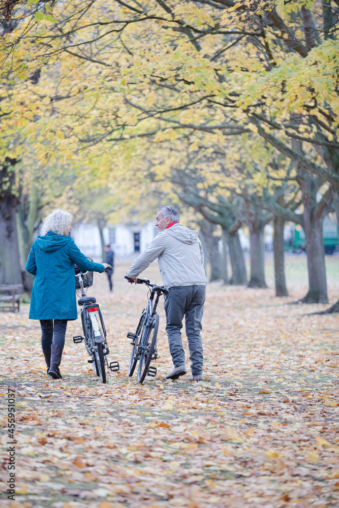 Fototapeta premium Senior couple walking bicycles among trees and leaves in autumn park