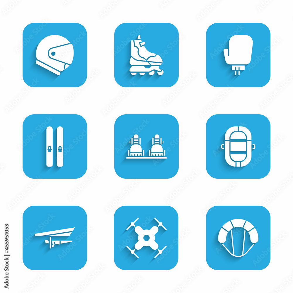 Set Snowboard, Drone flying, Parachute, Rafting boat, Hang glider, Ski and sticks, Boxing glove and Helmet icon. Vector