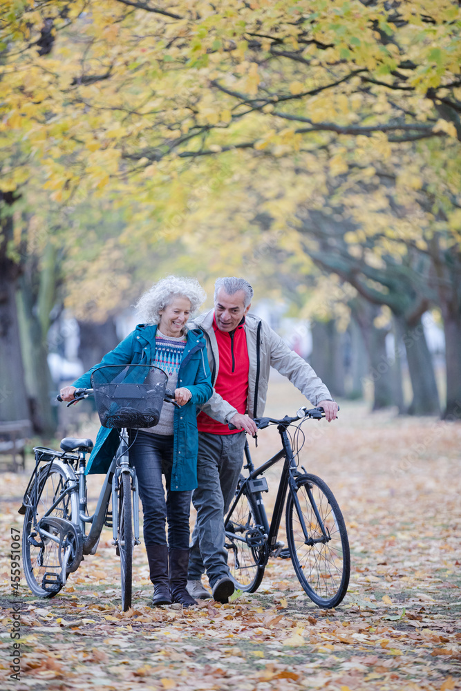 Fototapeta premium Senior couple walking bicycles among trees and leaves in autumn park