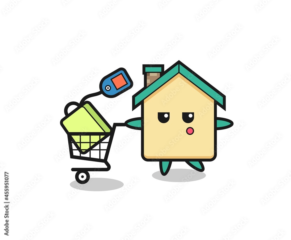 house illustration cartoon with a shopping cart house illustration cartoon with a shopping cart