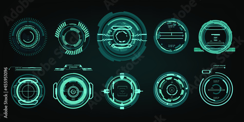 Set Modern Electronic Target Aiming Systems UI / UX. Futuristic optical sight. Automatic navigation combat scopes. Focusing and range indication. Targets for video games. Futuristic sight navigation