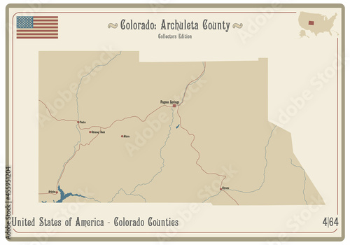 Map on an old playing card of Archuleta county in Colorado, USA.