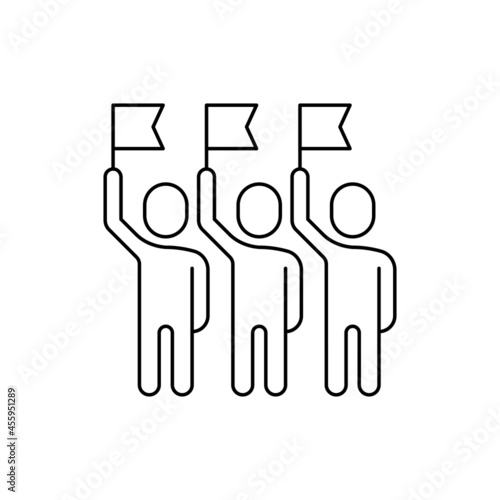 Fan zone thin line icon: group of people with raised flags. Modern vector illustration of sport audience.