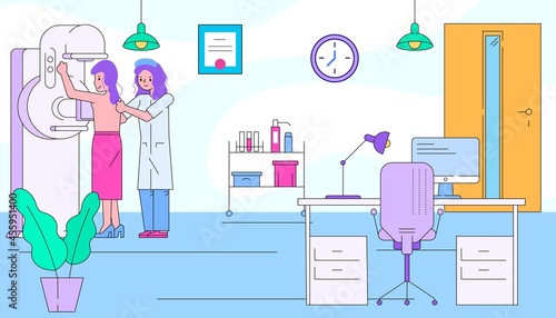 Patient woman character visit xray cabinet, professional doctor radiologist health care sick flat line vector illustration banner.