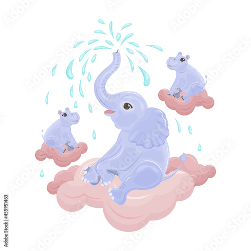 A bright  cute children s fairy-tale illustration with the image of cute blue hippos and a baby elephant flying on pink clouds. Cute animals surrounded by stars. Children s illustration for a print