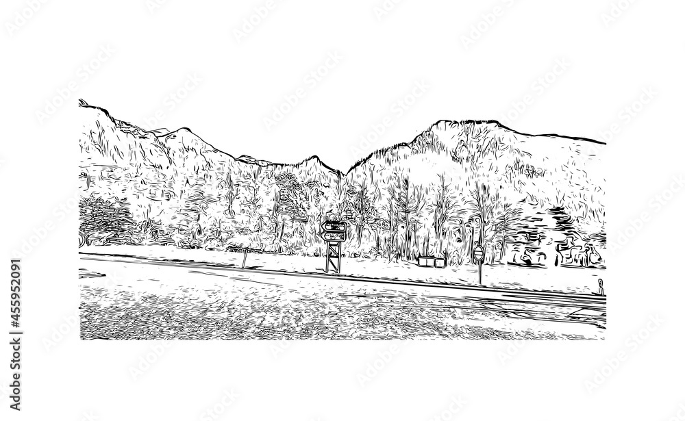 Building view with landmark of Laax is the 
municipality in Switzerland. Hand drawn sketch illustration in vector.
