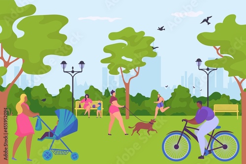People character together spend time in parkland ride bike, walk dog and jogging, outdoor human stroll urban garden flat vector illustration.