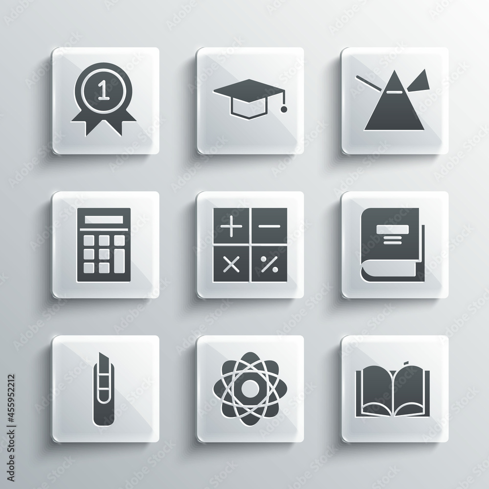Set Atom, Open book, Book, Calculator, Stationery knife, Medal and Light rays in prism icon. Vector Set Atom, Open book, Book, Calculator, Stationery knife, Medal and Light rays in prism icon. Vector