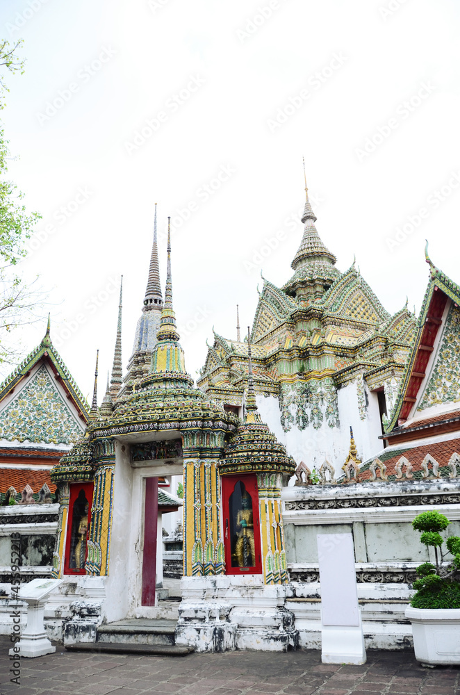THAILAND, BANGKOK: Scenic view of traditional architecture of old Thailand temple palace with statues and stupas