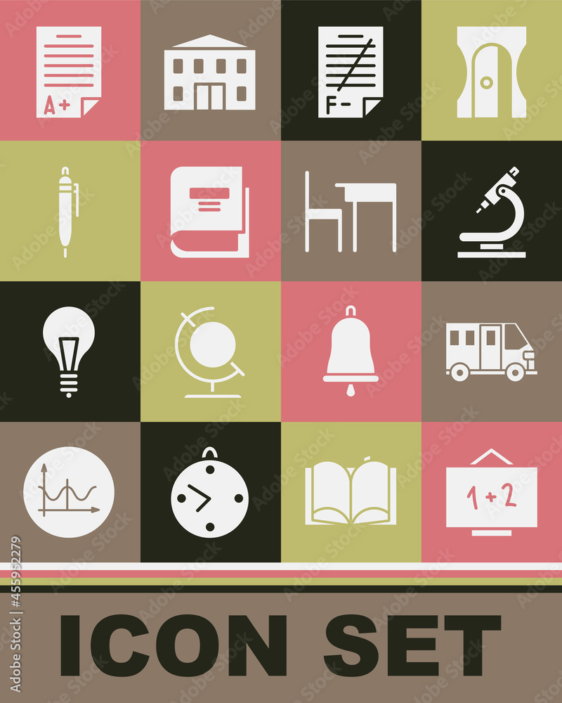 Set Chalkboard, School Bus, Microscope, Exam paper with incorrect answers, Book, Pen, sheet A plus grade and table and chair icon. Vector Set Chalkboard, School Bus, Microscope, Exam paper with incorrect answers, Book, Pen, sheet A plus grade and table and chair icon. Vector