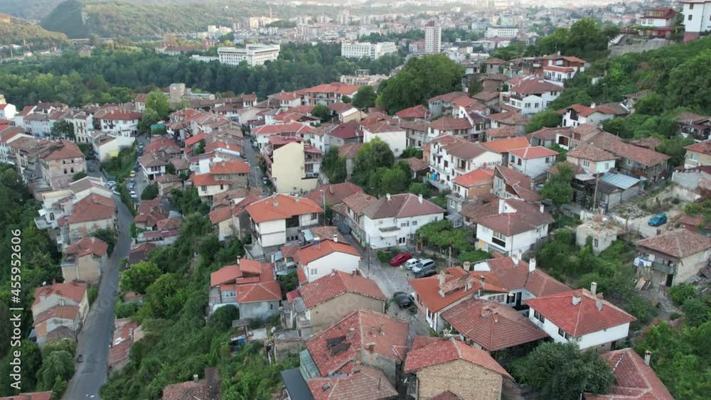 Aerial drone view over historic Old Town of Veliko Tarnovo in Bulgaria. Aerial drone view over historic Old Town of Veliko Tarnovo in Bulgaria.