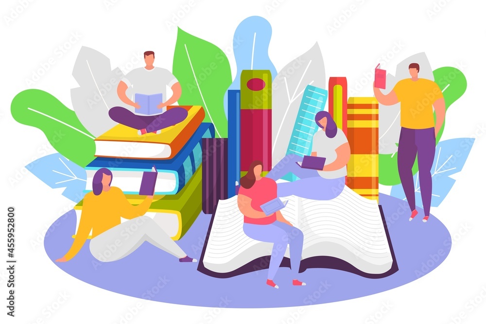 Group of people tiny character read book obtain knowledge, male and female sitting textbook stack flat vector illustration, isolated on white. Group of people tiny character read book obtain knowledge, male and female sitting textbook stack flat vector illustration, isolated on white.