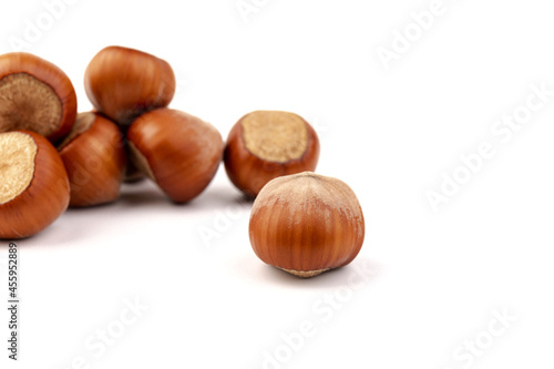 Group of hazelnuts, isolated on white background