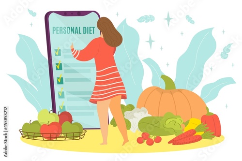 Modern technology smartphone personal food diet, tiny woman character work mobile phone flat vector illustration, isolated on white.