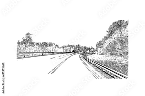 Building view with landmark of Laax is the 
municipality in Switzerland. Hand drawn sketch illustration in vector.