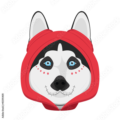 Halloween greeting card. Siberian Husky dog dressed as a skeleton with red hood